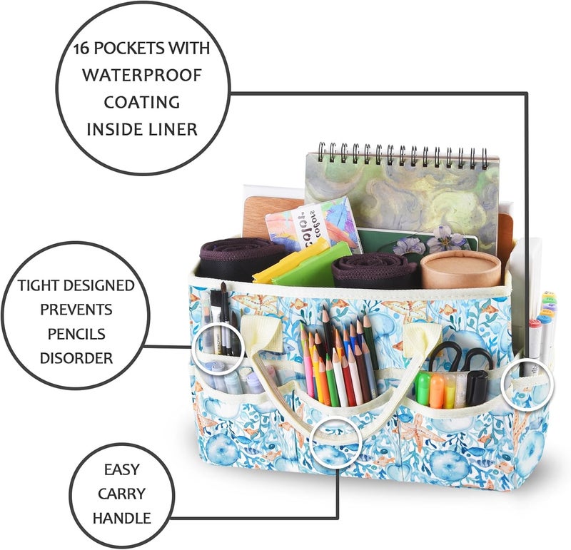 Qianshan Craft Organizer Tote Bag with Multiple Pockets, Large Art Storage Caddy with Handles for Art, Craft, Sewing, Make-up，Scrapbooking, Medical, and Office Supplies Storage.Blue Jellyfish - Image 2